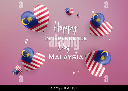 High quality 3D heart themed design for Malaysia Independence Day featuring bold national colors and festive elements Stock Vector