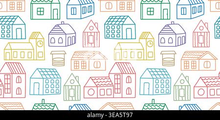 White background with outline hand-drawn villas, rural houses, and cottages. Residential building print for textiles, paper, wallpaper, vector graphic Stock Vector