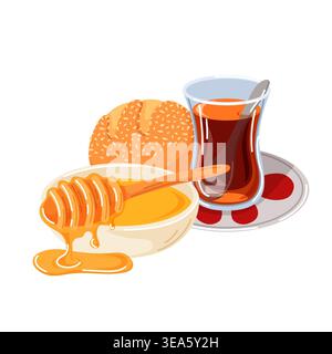 Turkish breakfast set with sesame stuffed bun, traditional black tea in glass, spoon with dripping honey and bowl. Cartoon style illustration. Stock Vector