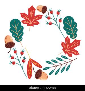 Autumn leaf wreath with maple leaf, acorn and berries. Seasonal nature floral border for Thanksgiving, greeting card, banner, poster. Vector Stock Vector