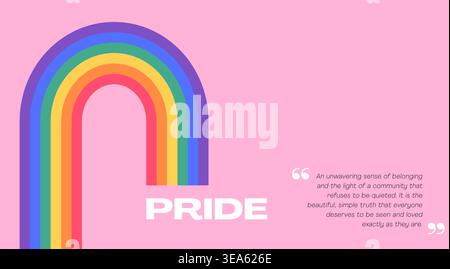 Pride banner with minimalist rainbow arch and copy space. Queer horizontal header background, flat geometric LGBTQ flag colored arc for inclusive Stock Vector