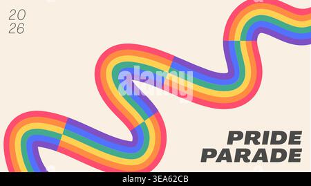 Pride Parade banner with flat neo groovy rainbow ribbon waves. Minimalist LGBTQ horizontal header background with copy space for inclusive 2026 Stock Vector