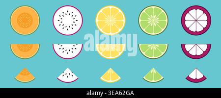 Fresh Tropical Fruit Slices Collection Melon Dragon Fruit Lemon Lime Mangosteen Stock Vector