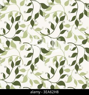 green leaves and vines pattern on white background for textile, wallpaper, wrapping paper and organic brand identity design. Vector illustration Stock Vector