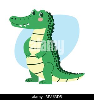 Cartoon crocodile illustration with a friendly expression, standing upright against a light blue background, showcasing its green scales and yellow Stock Vector