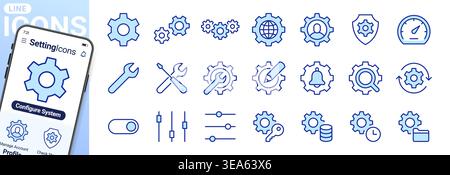 Gear, cogwheel line icons set. App settings button, slider, wrench tool, fix concept minimal vector illustrations. Simple flat outline signs for Stock Vector