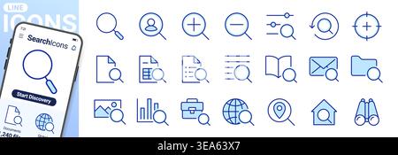 Search line icons set. Zoom, find document, magnify glass symbol, look tool, binoculars minimal vector illustrations. Simple flat outline signs for Stock Vector