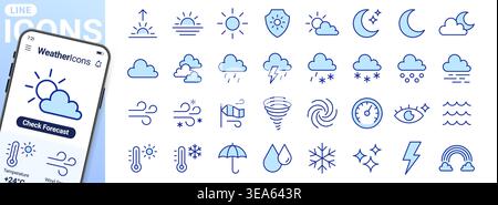 Weather forecast line icons set. Sun, rain, thunder storm, wind, snow cloud, moon, UV index minimal vector illustrations. Simple flat outline signs Stock Vector