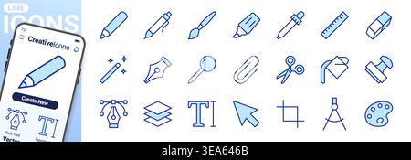 Graphic design, drawing tools line icons set. Pen, pencil, paintbrush, dropper, stamp, paint bucket minimal vector illustrations. Outline signs for Stock Vector
