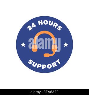 24 Hours Support Icon Badge with Headset in Blue Orange Color Vector Illustration Stock Vector