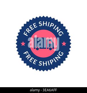 Free Shipping Badge with Truck Icon and White Stars on Pink and Blue Vector Illustration Stock Vector