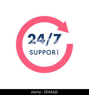 24/7 Support Circular Badge with Pink Rotating Arrow Design Vector Illustration Stock Vector