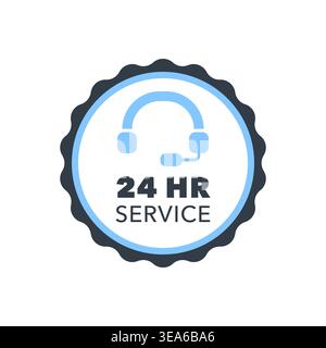 24 Hour Service Badge with Headset Icon and Light Blue Round Shape Vector Illustration Stock Vector