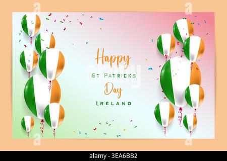 High quality 3D balloon flag card for Ireland St Patricks Day featuring bold national colors and festive elements ideal for patriotic celebrations Stock Vector