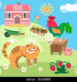 Kids vector illustration featuring cute cat and rooster in sunny farm garden. Colorful cartoon scene displays countryside house garden bed with Stock Vector