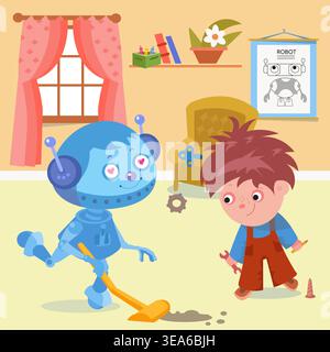 Kids vector illustration featuring cute robot girl sweeping floor and boy inventor in cozy room. Cheerful cartoon scene displays technical blueprints Stock Vector