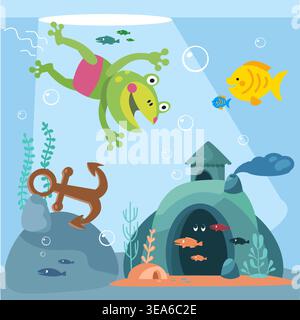 Kids vector illustration featuring cute frog swimming underwater with colorful fish. Cheerful cartoon scene displays ocean floor with anchor coral Stock Vector