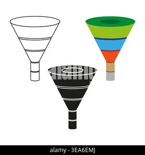 Business funnel set. Three 3 variants. Sales Vector filter. White clean background. Manual vector only. No autotrace used. EPS 10. Stock Vector