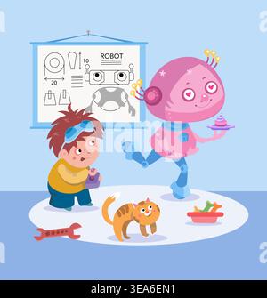 Kids vector illustration with cute pink robot girl holding cupcake and boy inventor with cat. Scene features technical robot blueprint on wall and Stock Vector