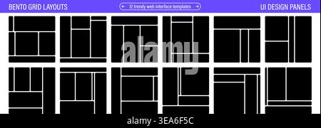 Black bento grid UI layouts with rounded corners. Modern geometric panels for web dashboards and app screens. Trendy modular template set Stock Vector