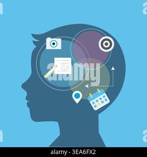 An artistic silhouette of a human head containing a complex network of interconnected icons like cameras, notes, and maps, symbolizing mental processi Stock Vector