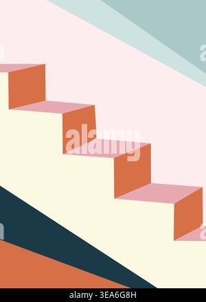Flat vector illustration of a minimal geometric staircase with soft pastel colors and abstract background, ideal for modern design, architecture, and Stock Vector