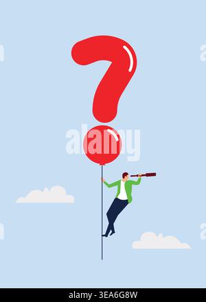 Flat illustration of a man observing the future with a telescope beneath a giant question mark, symbolizing curiosity, uncertainty, exploration, and d Stock Vector