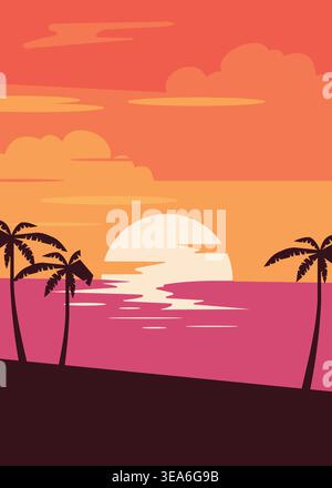 Minimalist tropical sunset scene featuring palm silhouettes, glowing sun, and calm ocean reflections. Warm gradient tones create a serene vacation vib Stock Vector