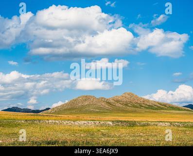 Vast golden grasslands meeting rocky hills under a brilliant blue sky with puffy white clouds Stock Photo