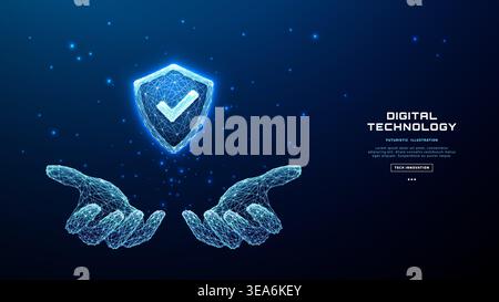 Digital hands holding holographic shield with checkmark Stock Vector
