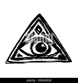 Grunge All Seeing Eye Symbol. Brush Stroke Eye of Horus Icon. Third eye pyramid sign.Triangle sacred pyramid hand drawn vector symbol Stock Vector