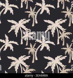 Grunge Distressed Palm Trees Seamless Pattern. Tropical hand drawn brush stroke palm tree pattern. Black and white vector summer pattern Stock Vector