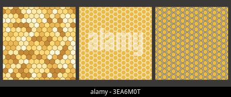 Honeycomb pattern with yellow hexagonal cells. Seamless abstract geometric background set with white gaps. Minimal vector bg. Stock Vector