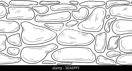 Masonry walls, hand-drawn sketch. vector illustration. A part of the facade made of pebbles and boulders, a seamless horizontal border, isolated on a Stock Vector