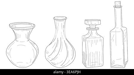 Glass vases and glasses, hand-drawn sketch. Vector illustration. A set of kitchen utensils, isolated on a white background Stock Vector