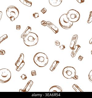 Seamless pattern of hand drawn vegetables and ingredients. Graphic ink sketch of sliced carrot and vegetable cubes. Monochrome vector background for Stock Vector