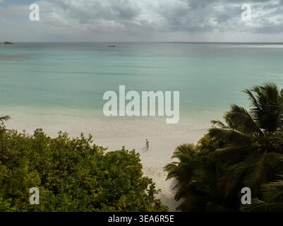 Aerial view of the pristine white sand beach of Praslin island featuring turquoise waters, dense tropical palm trees, and two people walking on the sh Stock Photo