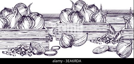Hand drawn sketch of onions in wooden crate. Ink illustration of fresh vegetable harvest for grocery store design and food packaging. Monochromatic Stock Vector