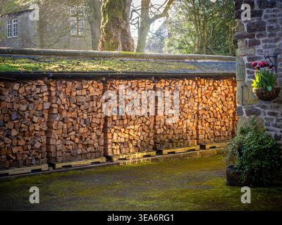 Large log store in a rural  garden, Tideswell, Peak District National Park, Derbyshire, England, UK Stock Photo