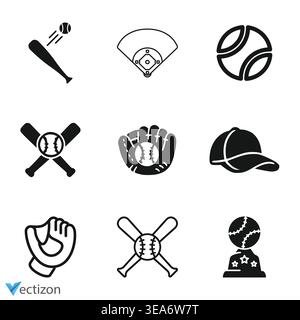 Baseball color icons set. Baseball cap, shirt and shoes. Softball mitt and ball. Baseball bat, award cup and tickets. Baseball field, equipment and un Stock Vector