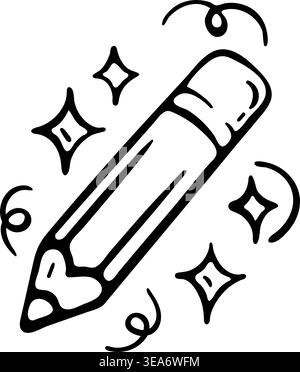 Magic pencil icon for AI creative writing and smart design tools. Hand drawn doodle illustration of a sparkling lead pen with decorative shine stars. Stock Vector