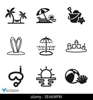 Premium set of beach line icons. Simple pictograms pack. Stroke vector illustration on a white background. Modern outline style icons collection. Stock Vector