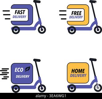 Scooter Delivery Icon Set – Fast, Free, Eco and Home Delivery Service Symbols Stock Vector