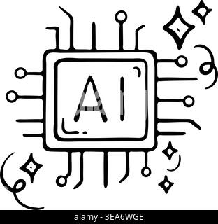 AI chip icon for artificial intelligence processor and digital brain technology. Hand drawn doodle illustration of a microchip with magic stars. Stock Vector