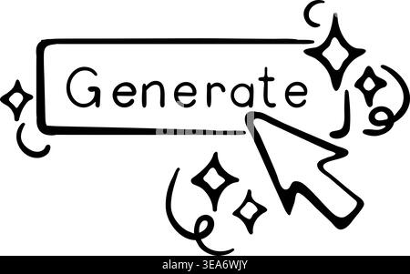 Smart generate button icon for AI content creation and click actions. Hand drawn doodle illustration of a web interface element with magic stars. Stock Vector