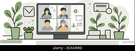 SaaS Workspace Illustration – Computer on Desk with Digital Dashboard Interface Stock Vector