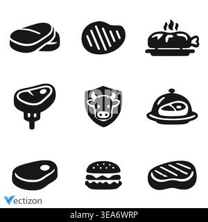 Meat icon set. Beef vector illustration. Steak symbol. BBQ sign. Raw meat isolated pictogram. Grilled steak icon. Stock Vector