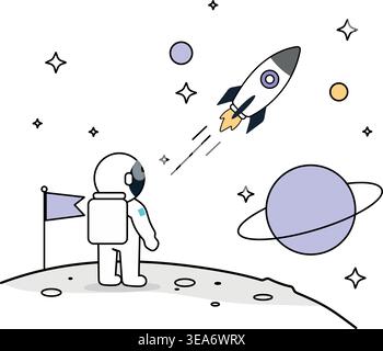 Astronaut in Space Illustration – Galaxy, Planets and Cosmic Adventure Concept Stock Vector