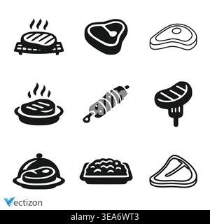 Meat icon set. Beef vector illustration. Steak symbol. BBQ sign. Raw meat isolated pictogram. Grilled steak icon. Stock Vector