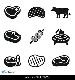 Meat icon set. Beef vector illustration. Steak symbol. BBQ sign. Raw meat isolated pictogram. Grilled steak icon. Stock Vector